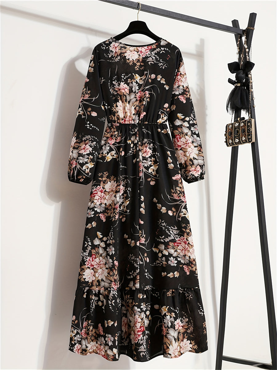Ladies' Elegant Party Round Neck Long Sleeve Waist-Cinching A-Line Dress - Multicolor