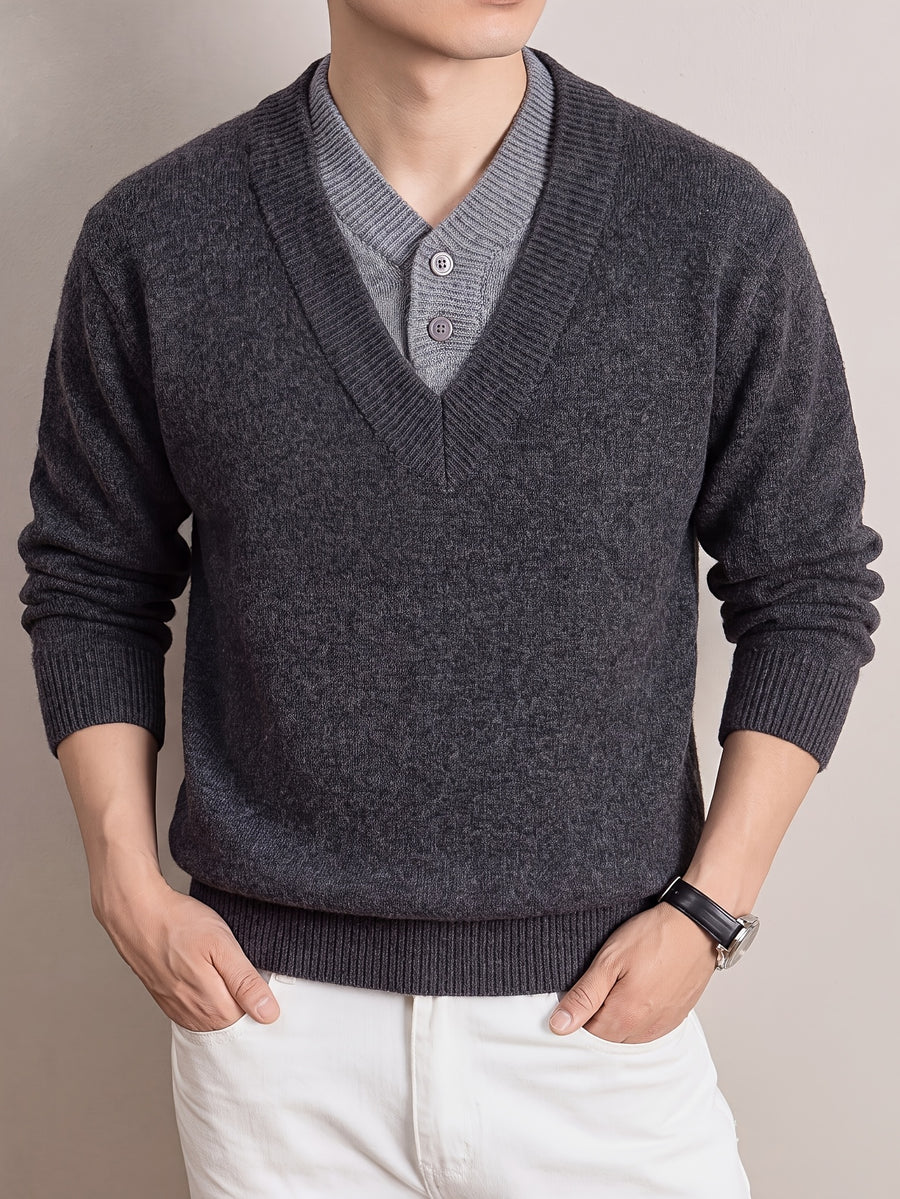 Autumn/Winter Thickened V-Neck Sweater, Men's Warm Casual Knit Top, Suitable for Daily Commuting and Business - Grey
