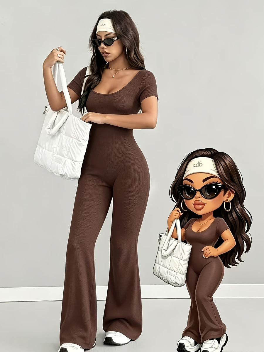Women'S Jumpsuit, Spring Summer Casual Style, U-Neck Design, Fashionable Sexy And Comfortable, Slim Fit Versatile, Suitable for Outdoor, Commuting, Millennial Style, American Style, Chic Style, Beach Parties, Countryside Vacations - Coffee Color