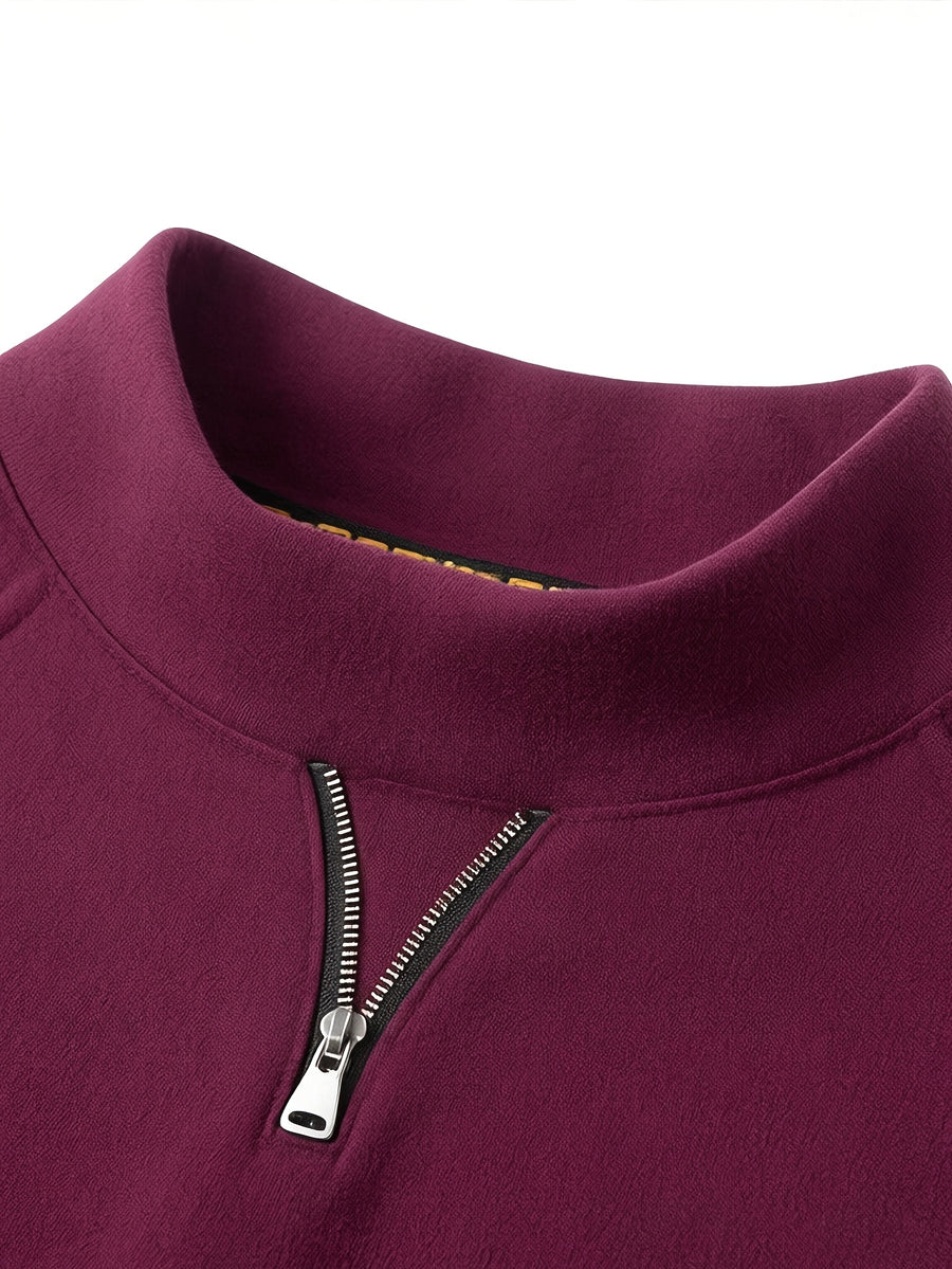 Men's Half-Turtleneck V-Neck Long-Sleeve Base Layer with Small Zipper, Understated and Mature, Seamlessly Transitions Between Business and Casual Settings - SINBOS - Rose Red