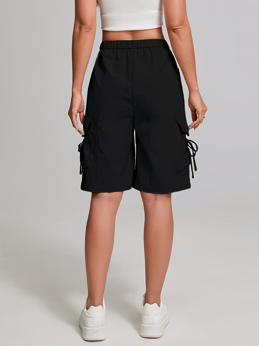 Women'S American-Style Quick-Dry Cargo Pants with Large Pockets, High-Waisted, Casual Straight-Leg, Knee-Length Shorts with Elastic Waistband, Machine Washable - Black