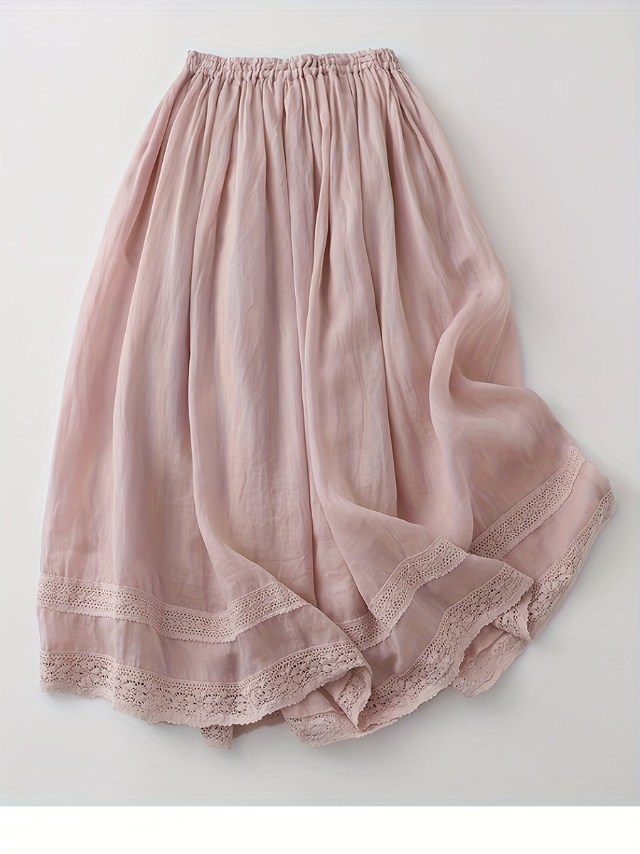 In Soft Pink Tones, Like a Dreamy Landscape, Comfortable And Skin-Friendly, Outlining a Casual Silhouette, with The Hem Adorned Like Flowers Blooming in a Green Field. This Skirt Is a Blend of Fashion And Comfort, Allowing You to Wear Romance And Em - Pale Pinkish Gray