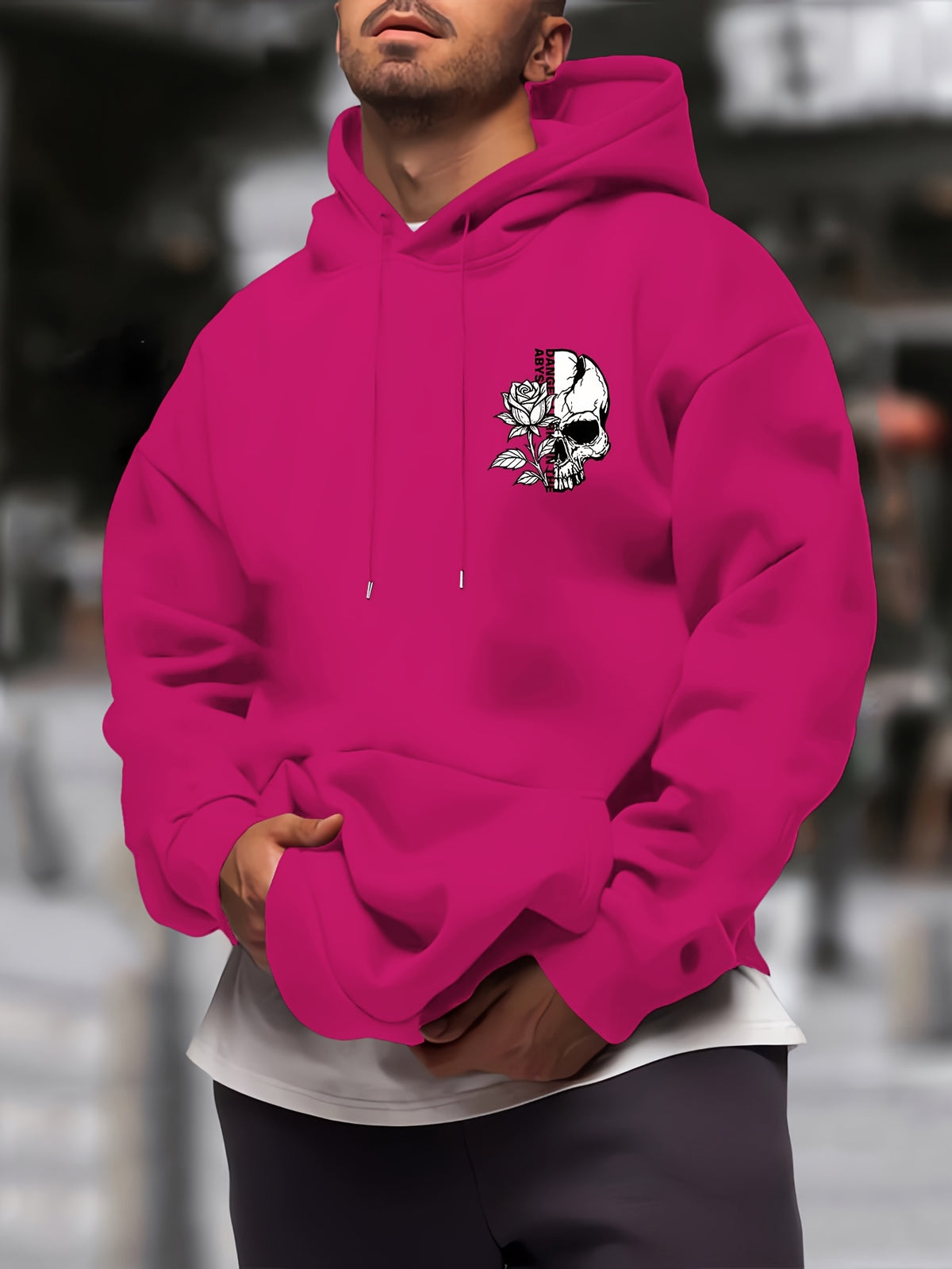New Trendy Men'S Autumn And Winter Hooded Sweatshirt, Casual Everyday Drawstring Hoodie with Creative Design Print, Kangaroo Pouch Front Pocket, Unisex Tops - Rose Red