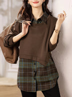 2025 Spring/Autumn New Loose Fit Shirt 2-in-1 Look Vintage Plaid Women's Clothing - Coffee Color