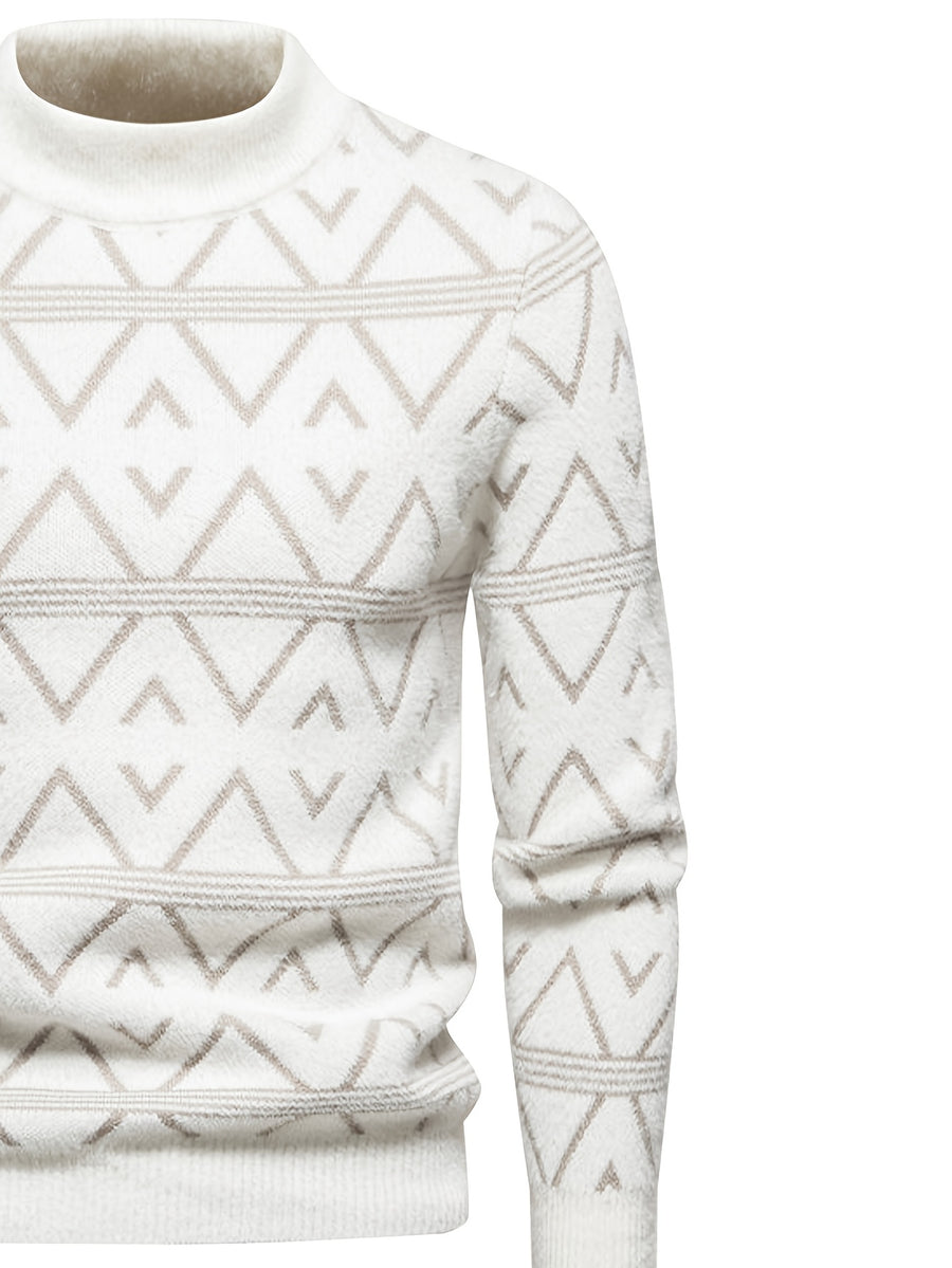 SENMEIGUO 2026 Autumn/Winter New Fashionable Jacquard Men'S Half High Collar Knitted Sweater, Color Contrasting Casual Warm Top - White