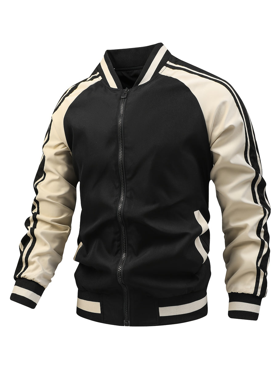 Men's Spring/Autumn Color-Block Striped Lightweight Jacket with Mesh Lining, Casual Outerwear, Outdoor Sports Baseball Jacket, Raglan Sleeve Design, Cropped Style - Black