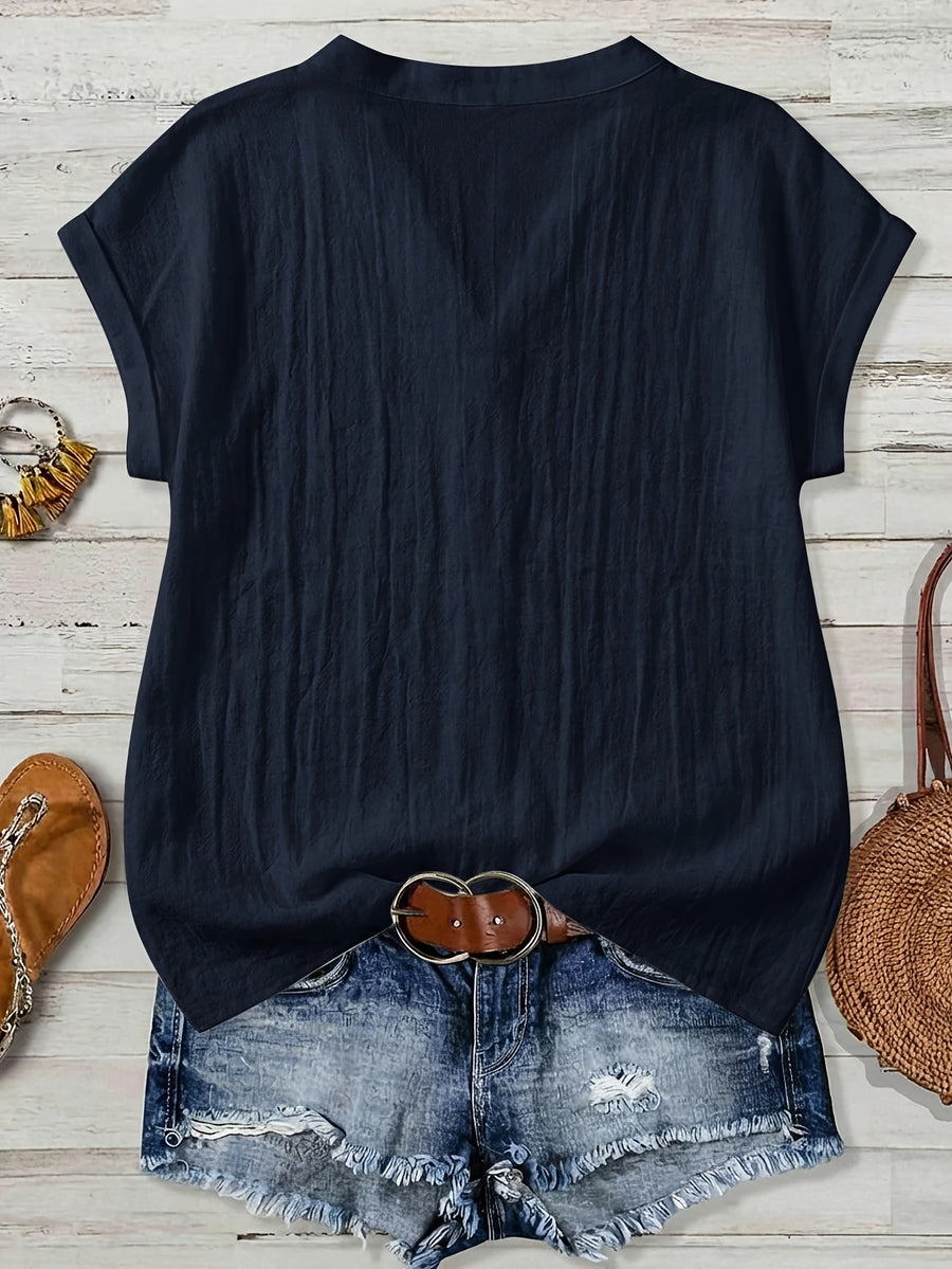 100% Short Sleeve Shirt, Casual Vacation Wear for Summer, V-Neck Design, Country Style Clothing for Women, Suitable for All Occasions, Ideal Choice for Holidays - Blue