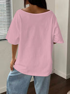 Women's Off-Shoulder Short Sleeve T-Shirt - Breathable Stretch Fabric Oversized Loose Fit Top with Off-Shoulder Neckline & Lettering Print, Soft Suitable for Spring Summer Beachwear, Casual Blouse for Layering - pink