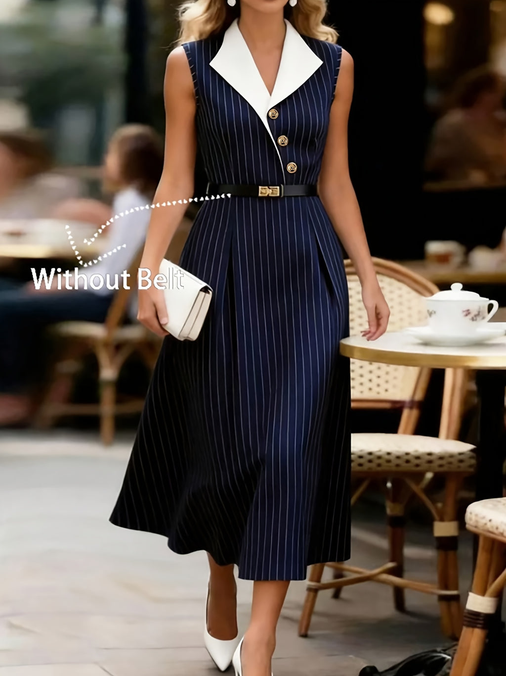Elegant Exquisite Color Block Lapel Sleeveless Striped Dress for Women, V Neck Metal Buttons Waist-Cinched Midi A-Line Flared Dress with Belt Fashion Office Chic Navy Striped Dress, Suitable for Workplace Dating Afternoon Tea - Navy Color