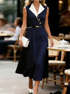 Elegant Exquisite Color Block Lapel Sleeveless Striped Dress for Women, V Neck Metal Buttons Waist-Cinched Midi A-Line Flared Dress with Belt Fashion Office Chic Navy Striped Dress, Suitable for Workplace Dating Afternoon Tea - Navy Color