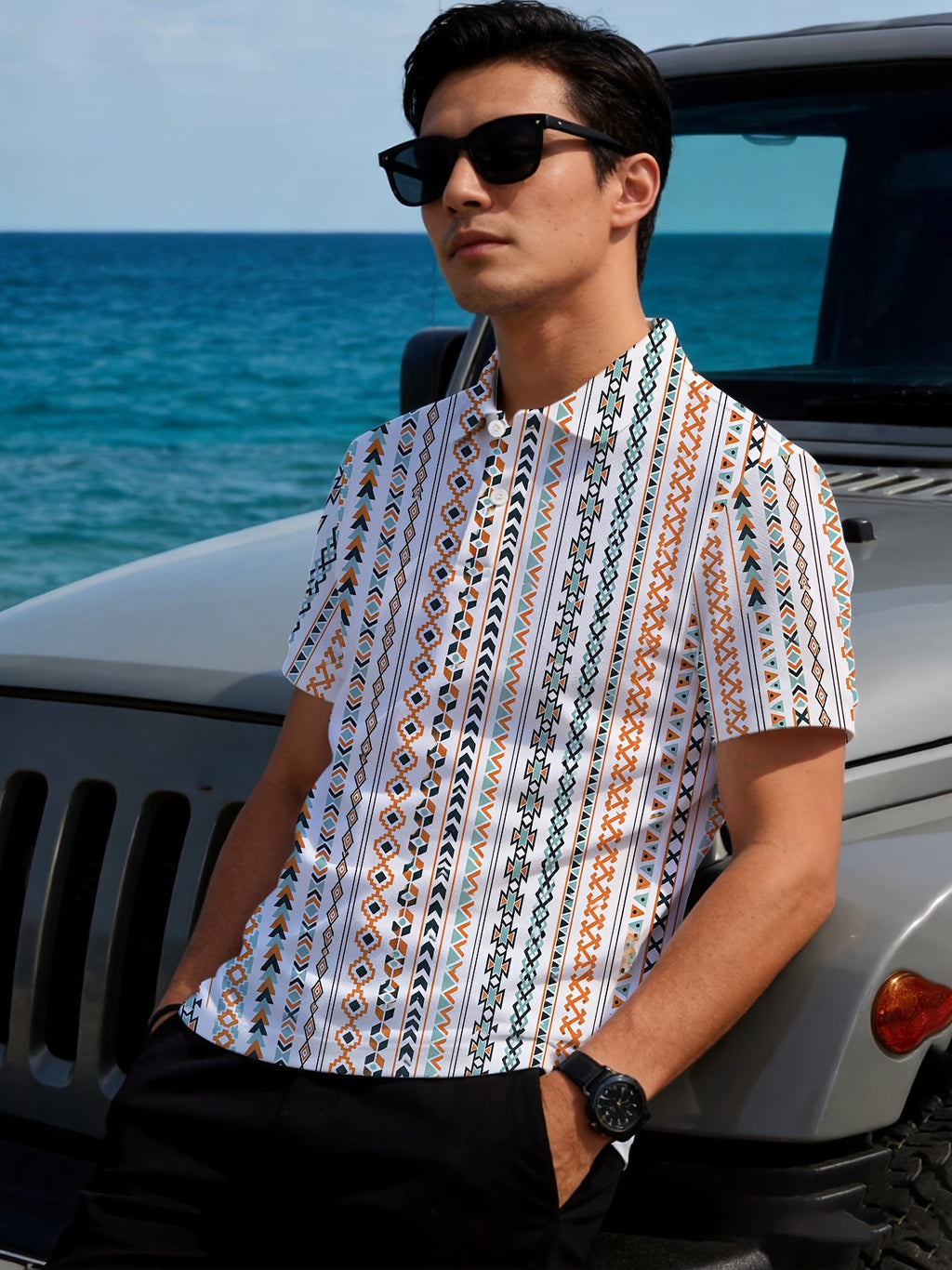 Men's Polo Shirt with Short Sleeves, Mesh Fabric, and Digital Print Design - Mixed colors