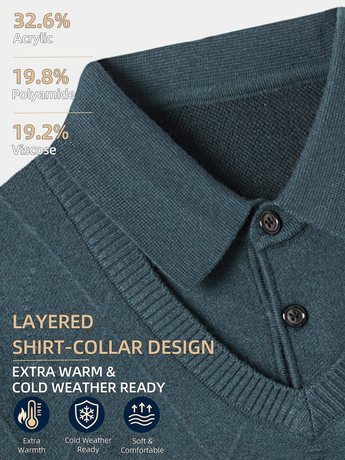 Men's Grey Polo Sweater, Faux 2pcs Shirt-Collar Design, V-Neck & Subtle Diamond Knit Pattern, Classic Refined Style, Warm Autumn Winter Pullover for Casual Wear, Golf & Outdoor Activities - Colorful Blue