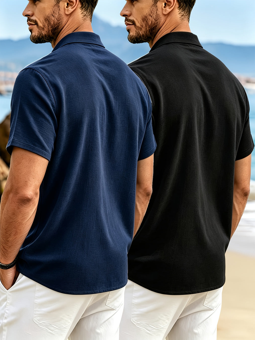 2pcs Men'S Linen Short Sleeve Polo Shirts, Circular Ribbed Collar Half-Zipper Design, Breathable Casual All-Match Summer T-Shirts - Navy Blue+Black