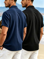 2pcs Men'S Linen Short Sleeve Polo Shirts, Circular Ribbed Collar Half-Zipper Design, Breathable Casual All-Match Summer T-Shirts - Navy Blue+Black