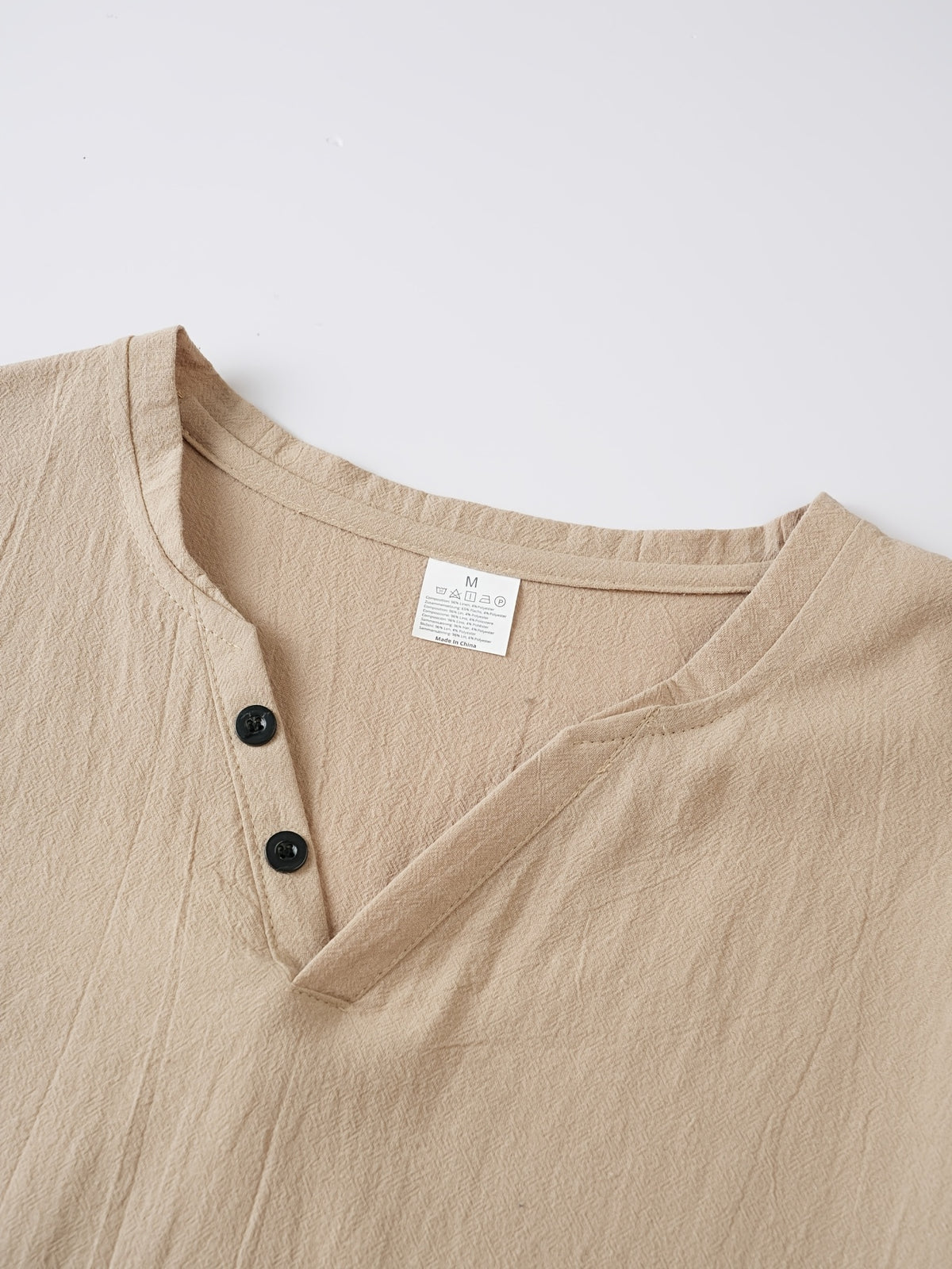 Summer Men'S Casual T-Shirt Linen Henley Collar Double-Button Men'S Short Sleeve Small V-Neck Men'S Casual Breathable Top Solid Color Breathable Commuter Casual Short Sleeve Top - Khaki