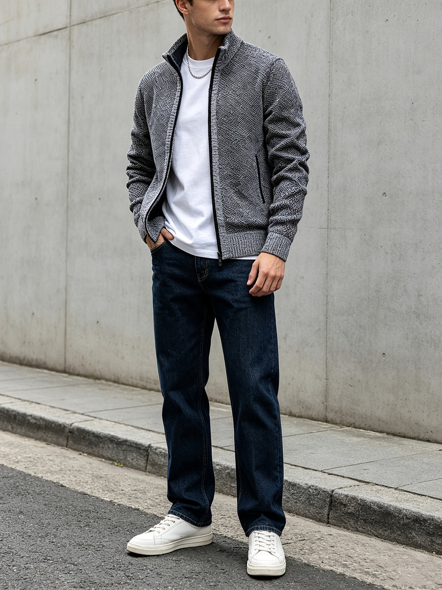 Men's Autumn and Winter Mixed Color Knitted Sweater, Comfortable and Warm, Very Durable Knitted Texture Sweater Jacket, Casual Style, Versatile for Daily Commuting Winter Clothes for Men - Light Grey