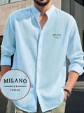 Men's Fashion Comfortable Lightweight Long Sleeve Shirt - Hawaiian Beach, Vacation, Party Wear, Breathable Stand Collar Button-Up Top, Versatile for Daily Wear, Events, and Outings, Milano Italian Print Design, Suitable for Various Occasions Casual - Sky Blue