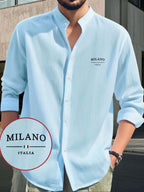 Men's Fashion Comfortable Lightweight Long Sleeve Shirt - Hawaiian Beach, Vacation, Party Wear, Breathable Stand Collar Button-Up Top, Versatile for Daily Wear, Events, and Outings, Milano Italian Print Design, Suitable for Various Occasions Casual - Sky Blue