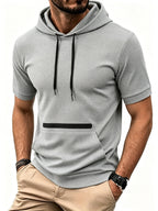 Men's Waffle Knit Short Sleeve Hoodie - Lightweight Breathable Pullover with Contrast Striped Kangaroo Pocket & Hooded Suitable for Spring Summer Fall Layering, Casual Streetwear Gift for, Husband, Boyfriend - Space Gray