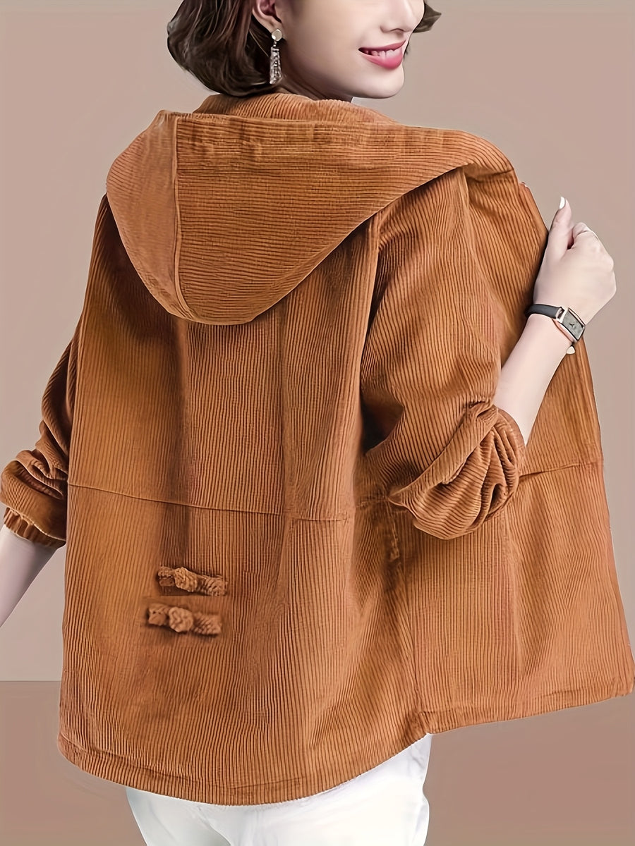 2025 Autumn Fashion Hooded Zipper Jacket for Women Korean Corduroy Loose Zipper Cardigan Versatile Slim - Rust