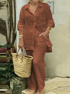 Elegant Women'S Casual Cardigan Solid Shirt Pants Set - Loess Ochre