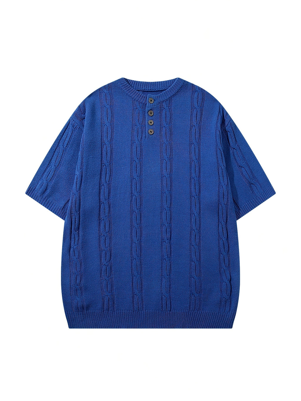 Spring Summer Men'S Unisex Casual Loose Easy Twisted Rope Pattern All-Match Business Commute Vacation Elegant Temperament Solid Color Round Neck Knit Top Button-Up Half-Open Placket Pullover Short Sleeve T-Shirt Knit Top Blue Sweater Back to School - Blue