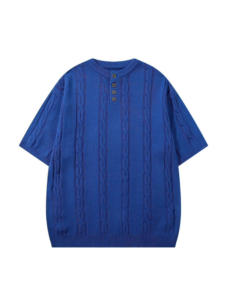 Spring Summer Men'S Unisex Casual Loose Easy Twisted Rope Pattern All-Match Business Commute Vacation Elegant Temperament Solid Color Round Neck Knit Top Button-Up Half-Open Placket Pullover Short Sleeve T-Shirt Knit Top Blue Sweater Back to School - Blue
