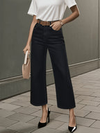 Black Basic Versatile Denim Ankle Pants, Women'S Black Loose Wide-Leg Jeans - Machine Washable All-Season Casual Trousers, High-Waist Design, Structural Cut, Durable Denim Fabric, Versatile Bottoms, Sturdy Construction, Essential for Denim Lovers - White