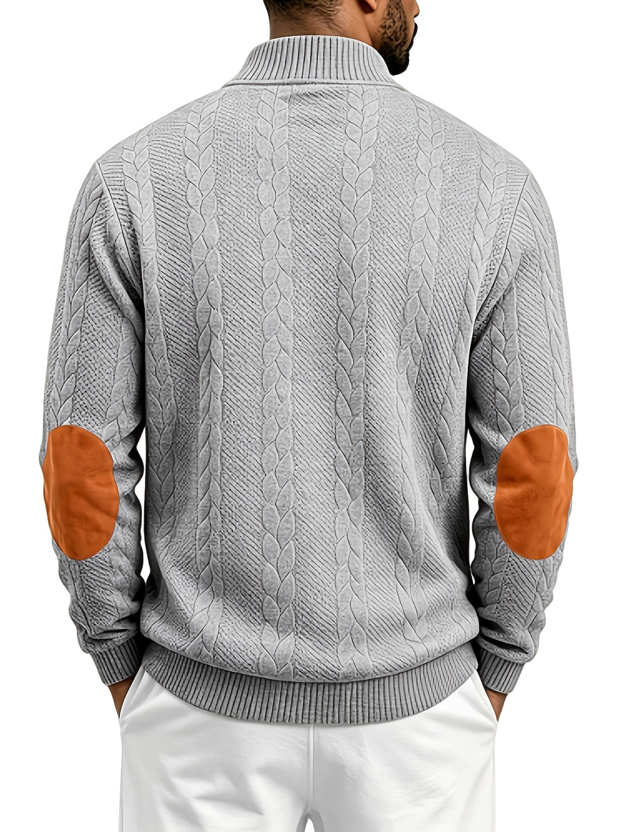 Men'S Casual Long Sleeve Knit Sweater, Textured Cable And Diamond Pattern, Stand Collar with Button Placket, Contrast Elbow Patch Details, Ribbed Cuffs And Hem, Ideal for Fall Winter Work, Travel, Golf And Daily Wear - Light Grey