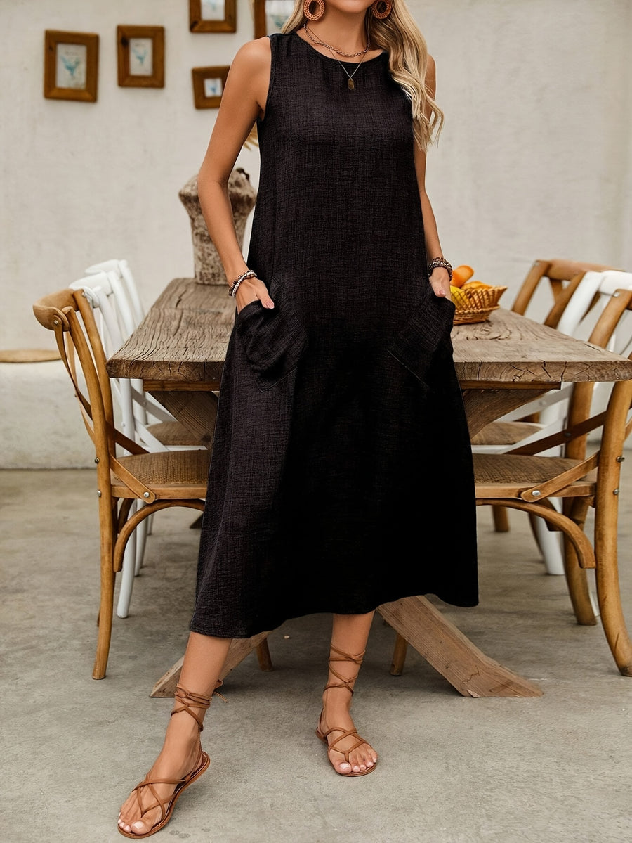 Women'S Solid Sleeveless Dress, with Double Pockets, Casual Holiday Style - Black