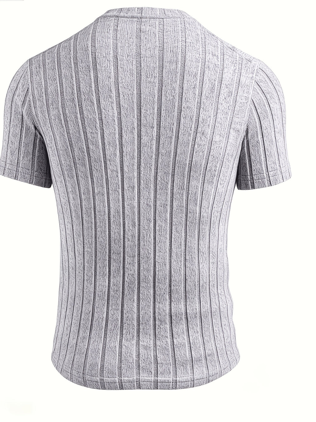 Men's Gray Vertical Rib V-Neck Short Sleeve T-Shirt, Slim Fit Stretch Textured Solid Color Commuter Casual Knit Base Layer Top - Granny Gray