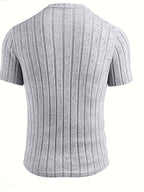 Men's Gray Vertical Rib V-Neck Short Sleeve T-Shirt, Slim Fit Stretch Textured Solid Color Commuter Casual Knit Base Layer Top - Granny Gray