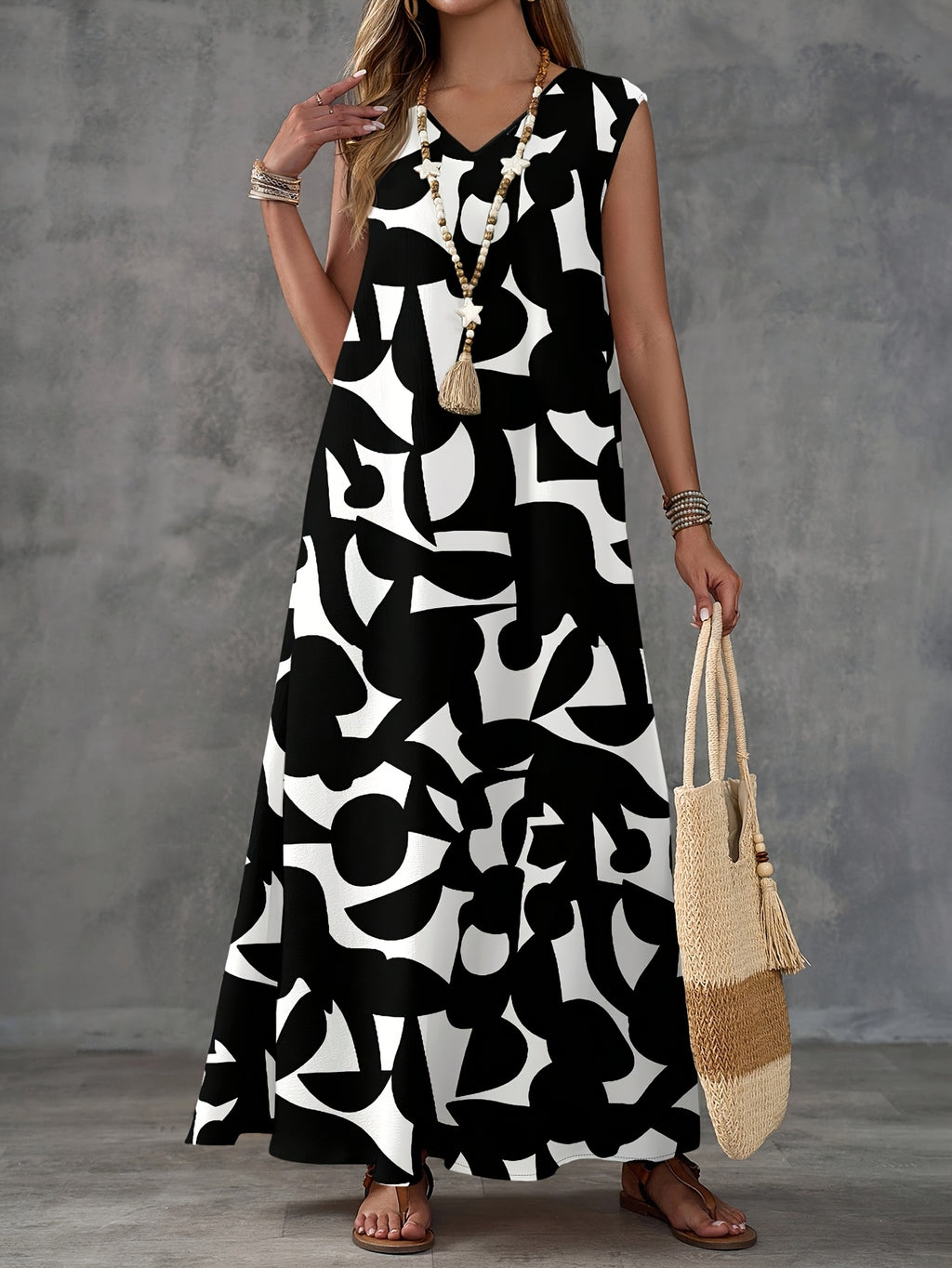Women's Casual Minimalist Geometric Print Dress, Suitable for Spring/Summer Vacation Wear, Summer Dress - White