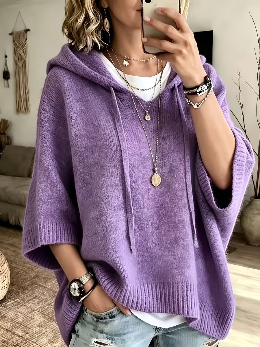 Women's Elegant Casual Three-Quarter Sleeve Drawstring Hooded Sweatshirt - Purple