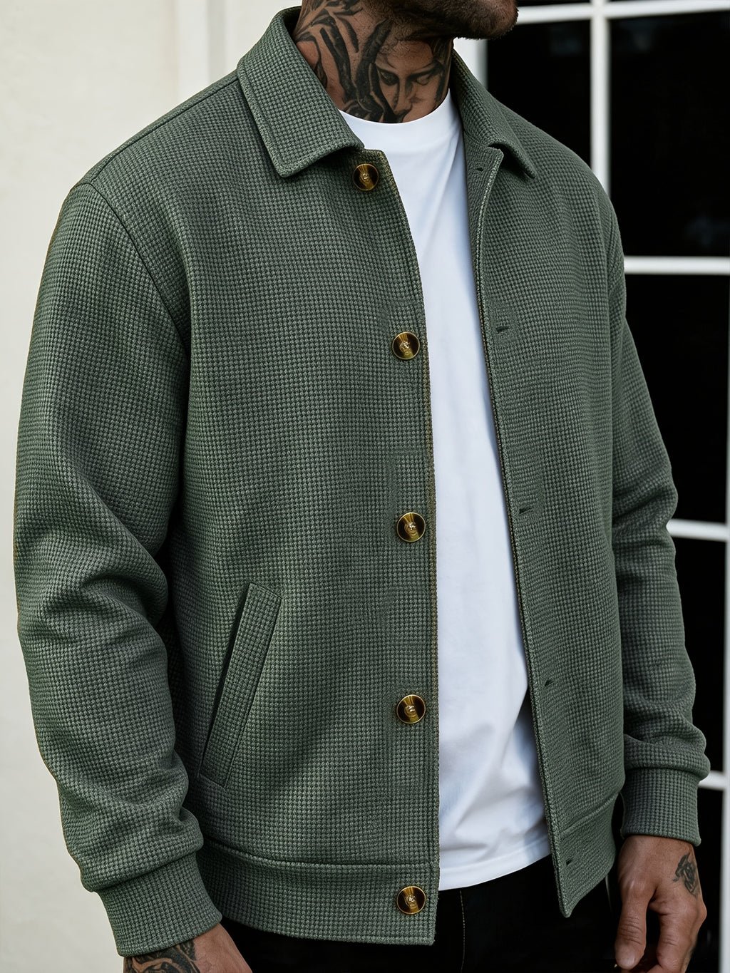 Men's Waffle Check Lapel Shirt-Style Jacket, Lightly Mature Minimalist Style, Checkered Waffle Fabric, Single-Breasted Closure, Side Seam Pockets, Versatile Casual Top Jacket for Men's Spring/Autumn Shopping and Dating Winter Clothes for Men - fern green