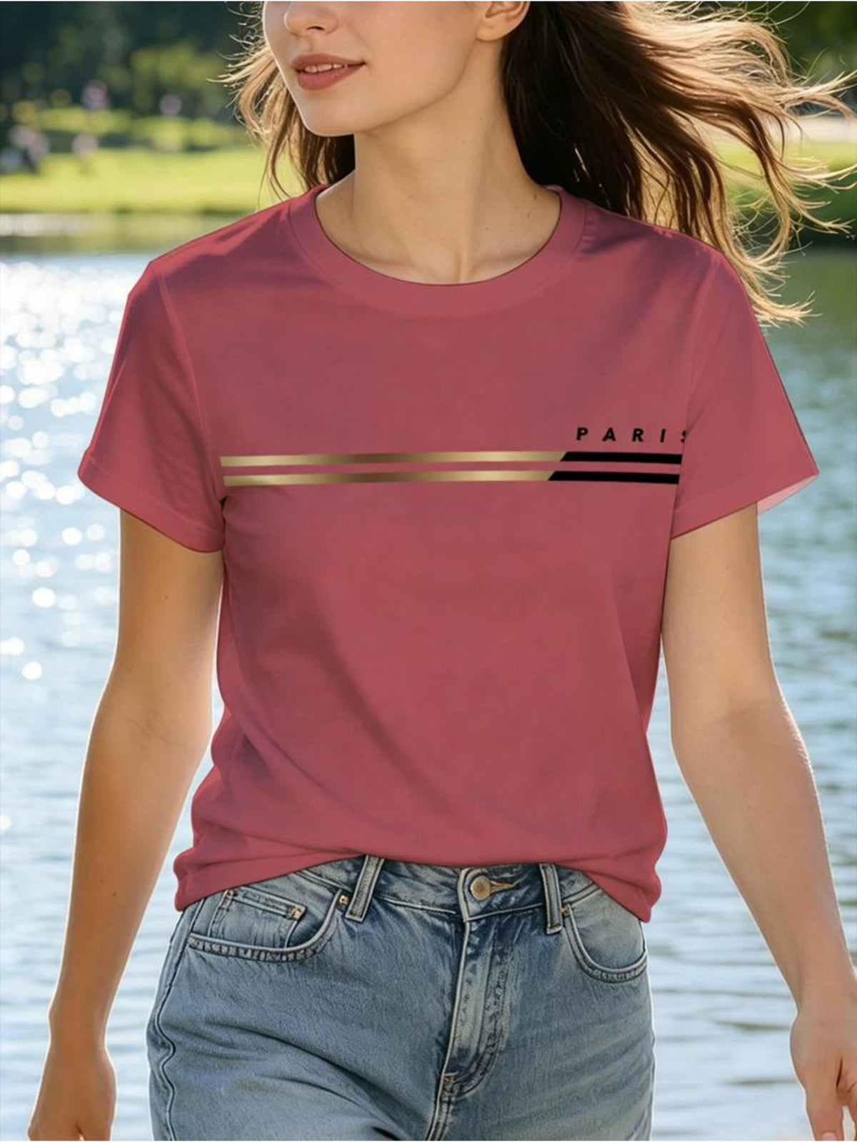 Printed Design - Not Textured New Women'S Easy Golden Striped PARIS Letter Print Short Sleeve T-Shirt Casual Daily Item - Mixed colors