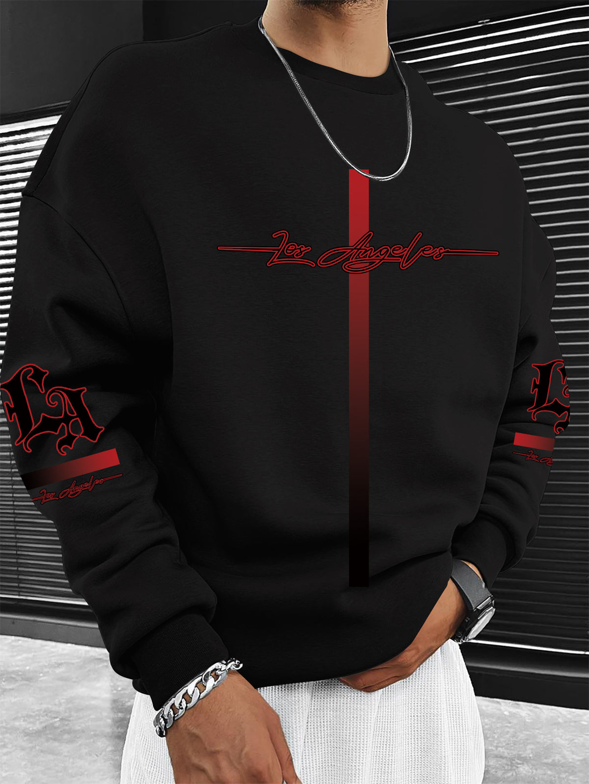 European and American Style Minimalist Round Neck Sweatshirt for Adult Men, "Los Angeles Regional Logo + Vintage Font Gradient Visual" - Black
