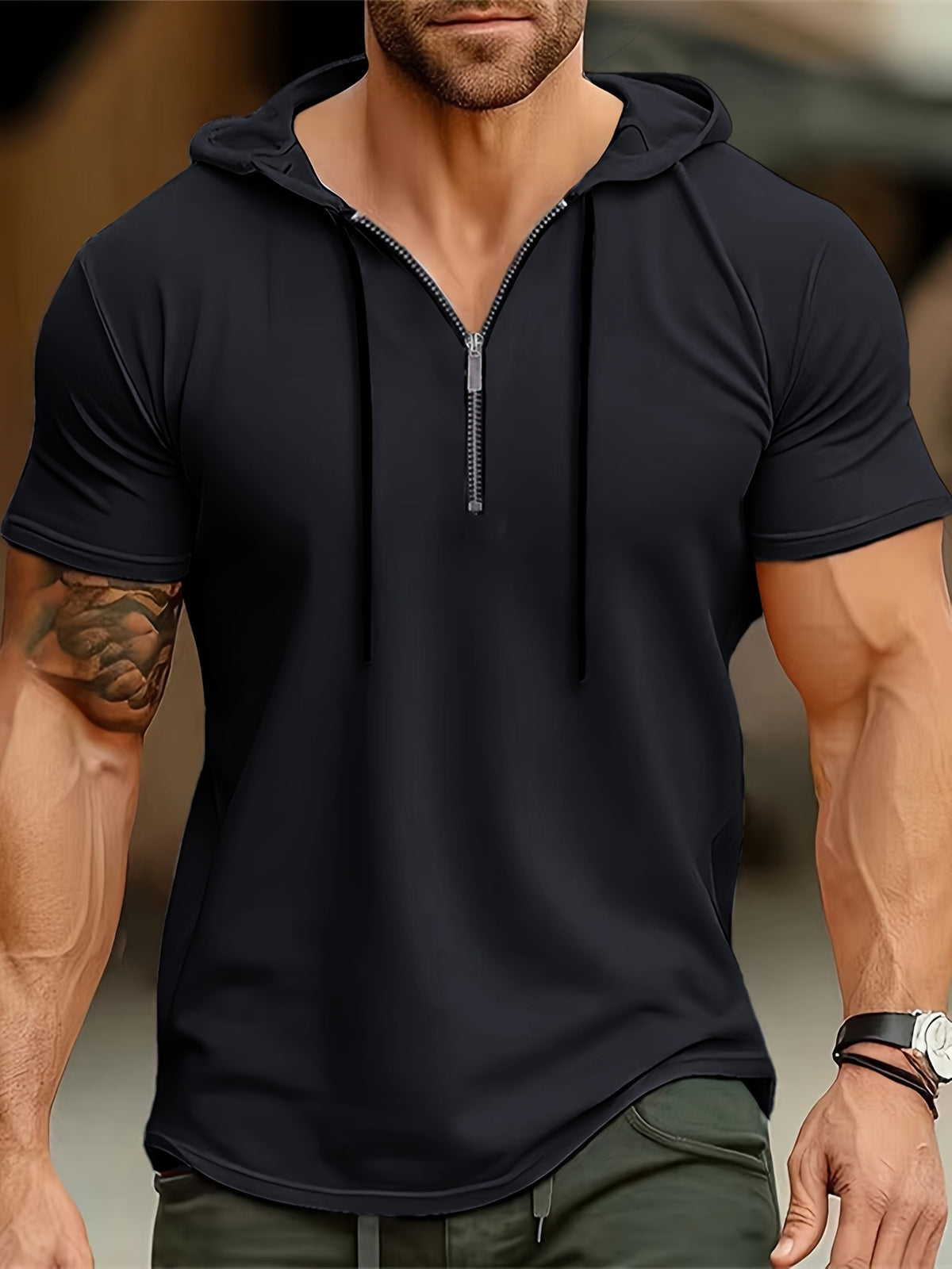 1 Men's Casual Henley Shirt, Men's Sportswear Fitness Hooded Short-Sleeve T-Shirt, Summer Hooded Sports Top T-Shirt - Black