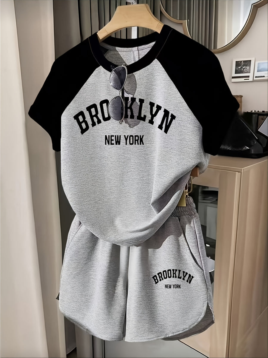 New Casual Hot Stamping Patchwork T-Shirt And Shorts Set Summer Style - Deep Grey