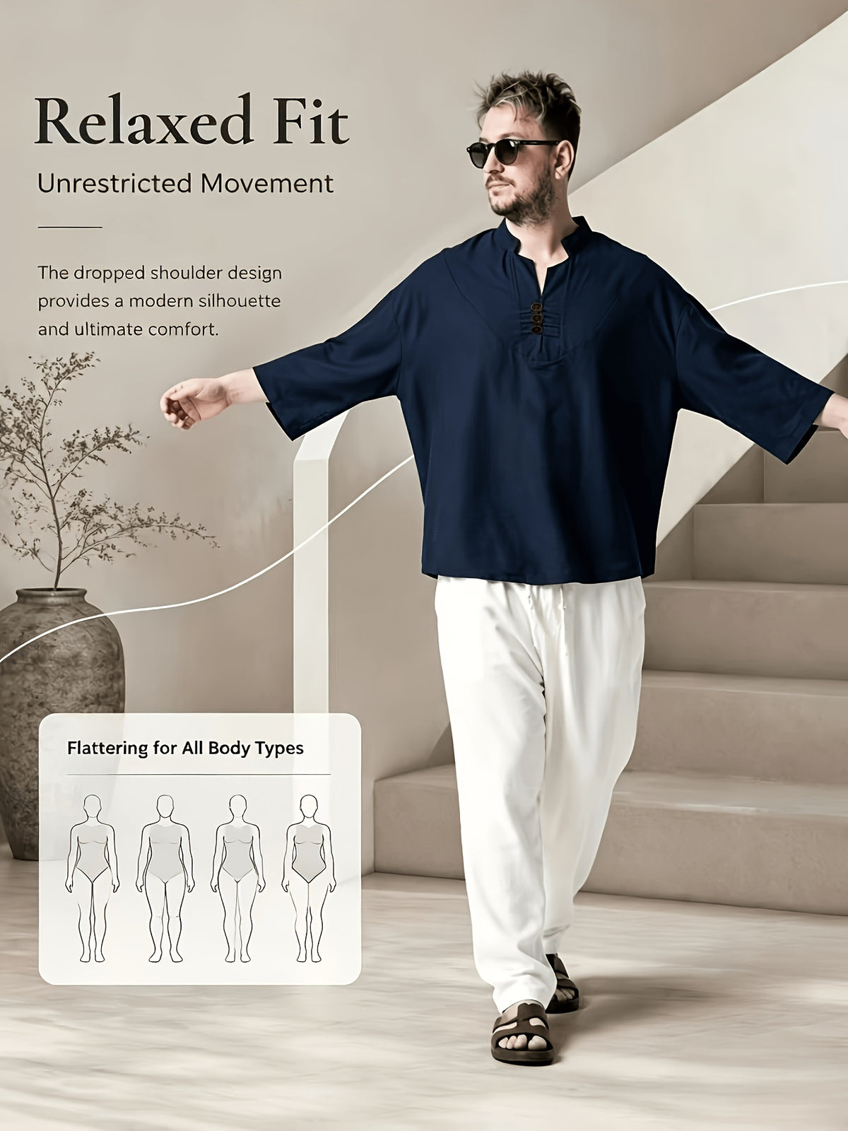 Men's Casual Shirt, New Linen V-Neck Casual Shirt for Daily Wear, Three-Quarter Sleeve Design, Suitable as a Gift! - Navy Color