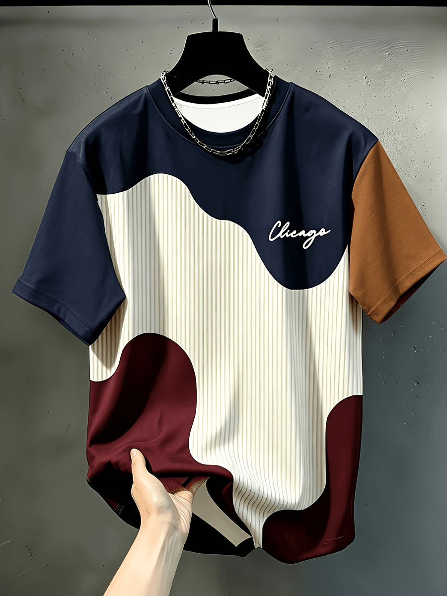 Men'S Print Design Textureless Casual Round Neck T-Shirt, Geometric Pattern Patchwork Striped Design, Chicago Word Pattern, Drapey Fashion Top, All-Season Wear, Breathable Regular Fit for Casual And Formal Outfits - Round Neck Casual Top - Mixed Color 2
