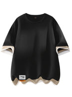 [Joshmay Obm] Summer Men'S Fake Two-Piece Contrast Short Sleeve T-Shirt, Loose Round Neck Trendy Casual Half Sleeve Top - Black