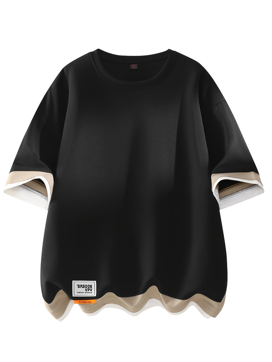 [Joshmay Obm] Summer Men'S Fake Two-Piece Contrast Short Sleeve T-Shirt, Loose Round Neck Trendy Casual Half Sleeve Top - Black