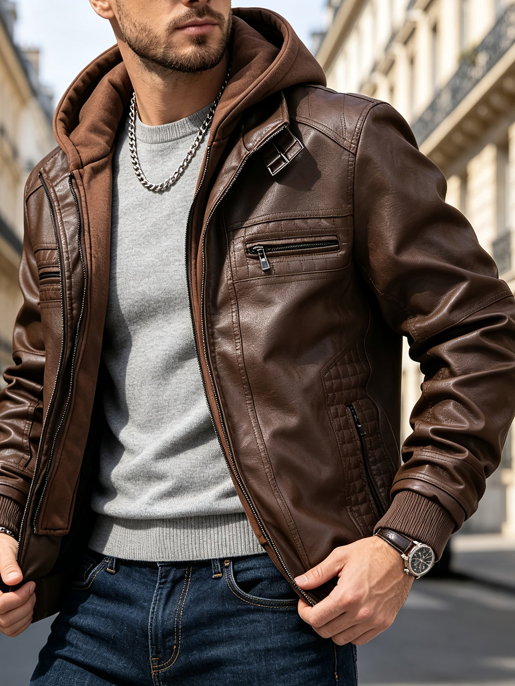 2026 New Fall Winter Men'S Faux Leather Hooded Jacket, Motorcycle Faux Leather Coat, Slim Fit Warm Outerwear with Multiple Zipper Pockets, Versatile Top for Daily Travel, Casual, Work Commute & Outdoor Activities - Dark Brown