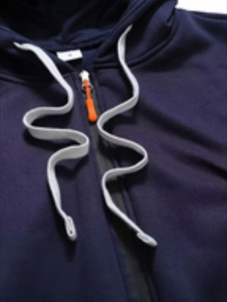 Men'S Basic NY Uppercase Letter Print Cargo Hooded Zipper Cardigan Casual Jacket - Navy Color