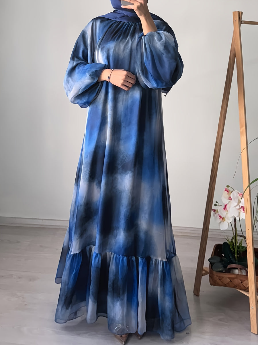 Women's Casual Elegant Middle Eastern-Inspired Tie-Dye Long Sleeve Dress with Waist Belt - Machine Washable All-Season Comfort for Gatherings, Vacations & Daily Wear - Blue