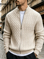 FORLENGKE Autumn/Winter Men's Zipper Cable Knit Cardigan, Three-Dimensional Twisted Floral Texture Knit Outerwear, Solid Color Simple Cuff Long Sleeve Top, Streetwear Commute Daily Casual Wear, Versatile Spring/Autumn Men's Outer Knit Cardigan - Off-white