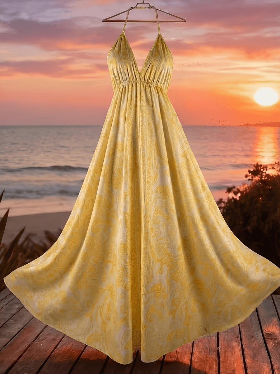 Women'S Summer Vacation Style Printed Backless Drawstring Dress, Perfect for Parties, Birthdays, And Dates - Yellow