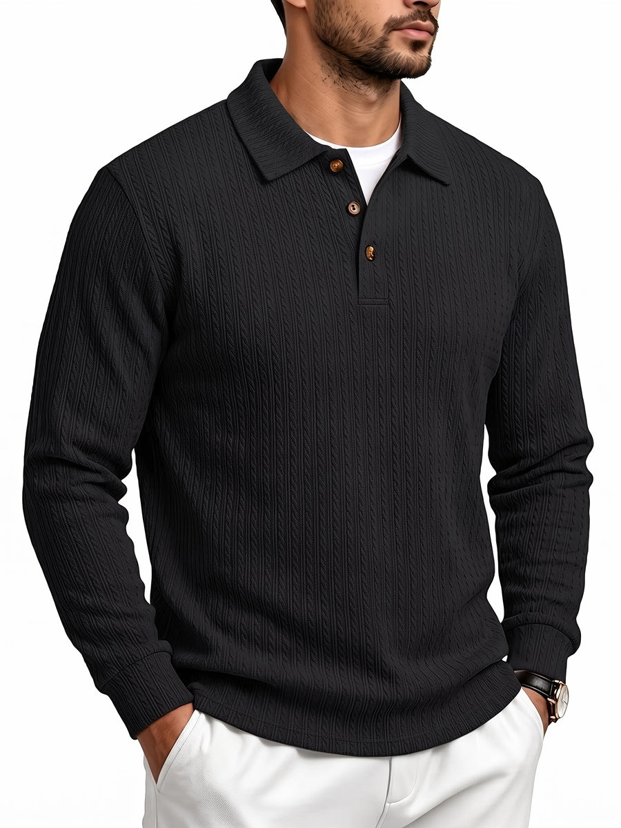 Men'S Casual Jacquard Polo Shirt, Autumn Easy Style Elastic Long Sleeve Textured Fabric Slim Fit Base Layer Top - Black