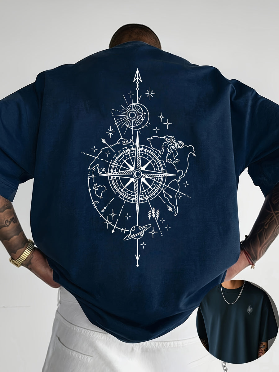 Creative Front and Back Print Round Neck T-Shirt, Pure Cotton Summer Fashion Short Sleeve Top for Casual Daily Style Essential Outing Gift Choice - Navy Blue 2
